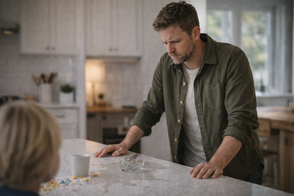 Parent agacé après qu’un enfant a renversé un verre dans la cuisine montrant une réaction disproportionnée