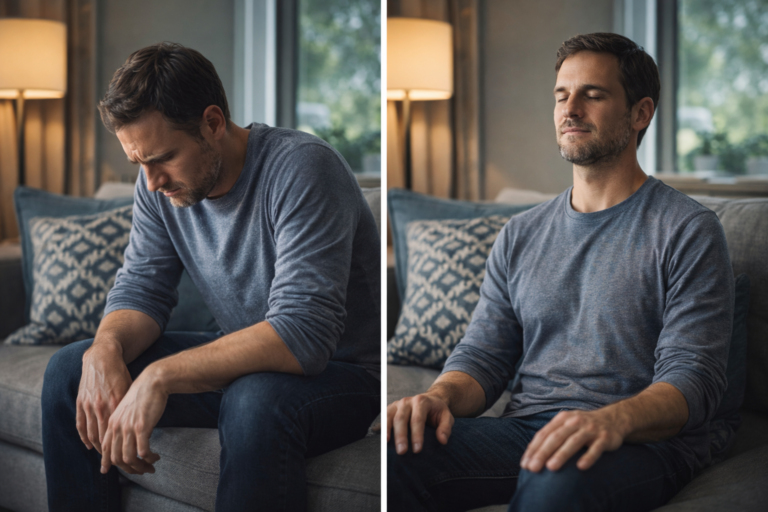 Avant après posture corporelle montrant le passage du stress au relâchement