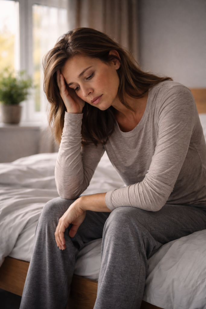 Femme fatiguée assise sur son lit au réveil malgré une nuit de sommeil