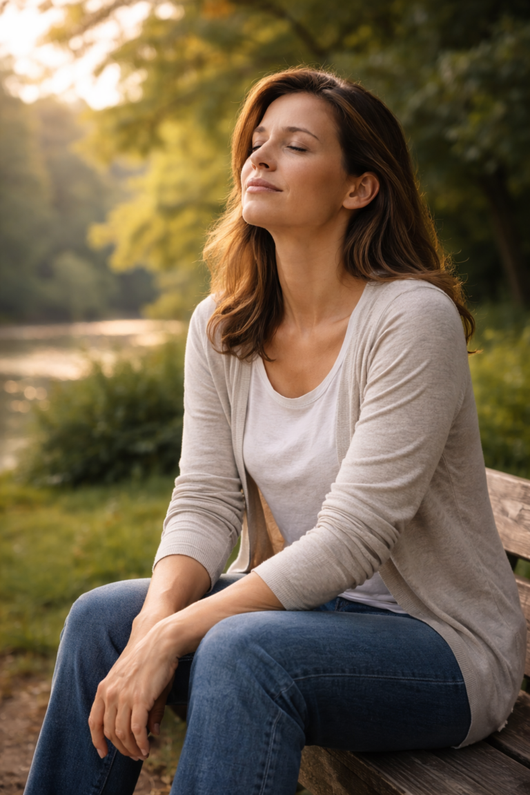 Femme respirant calmement en extérieur symbolisant le relâchement mental