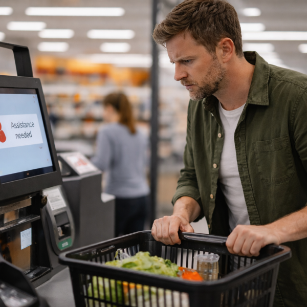 Personne tendue devant une caisse automatique bloquée illustrant une réaction immédiate disproportionnée